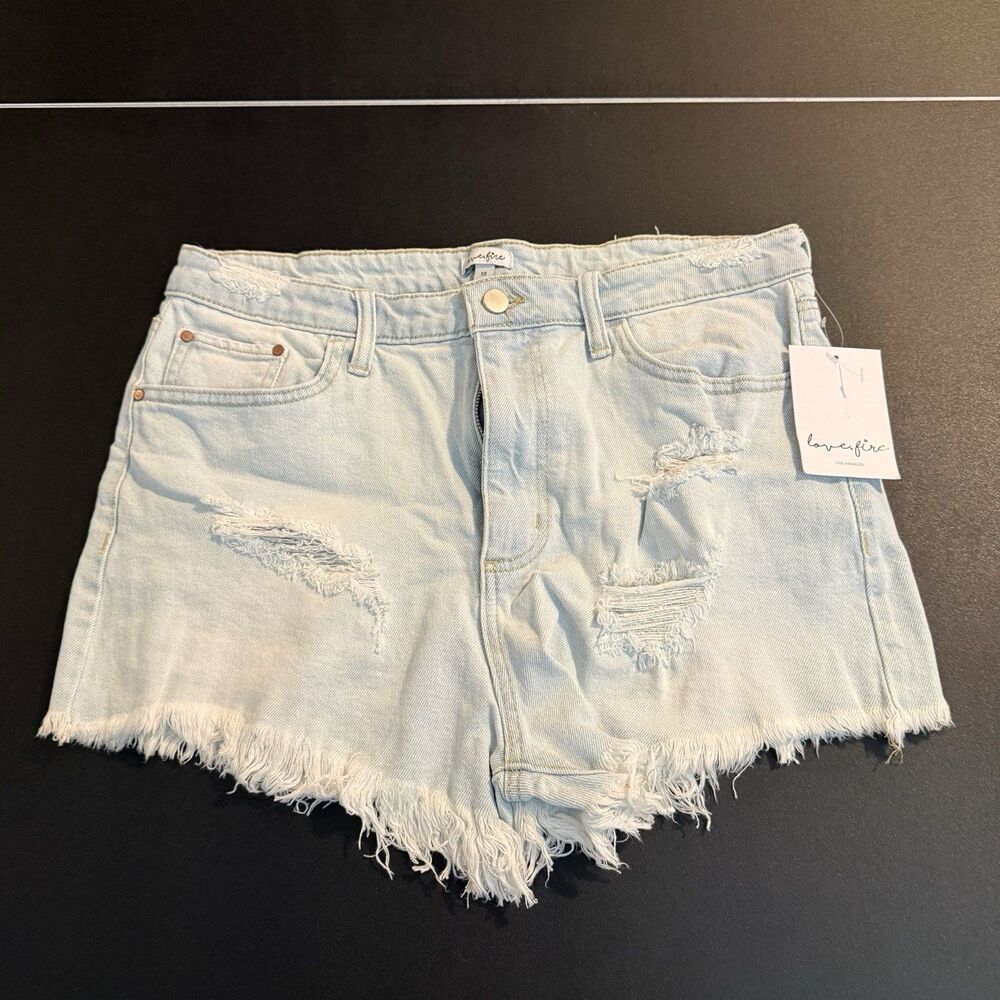 Love Fire Distressed High Rise Denim Shorts Light Wash Frayed Hem Size 13